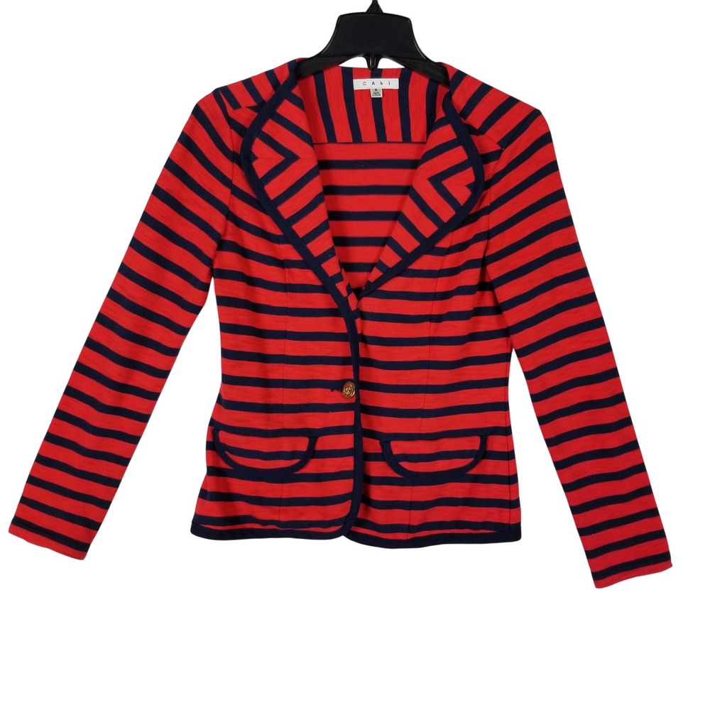 Cabi Knit Blazer Women S Red Navy Blue Striped Cotton Single Button 224